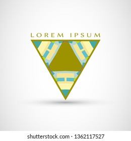 Abstract geometric company logo triangle, arrow icon. Business symbol emblem, label. Isolated triangle element. Vector ornament, simple pattern 