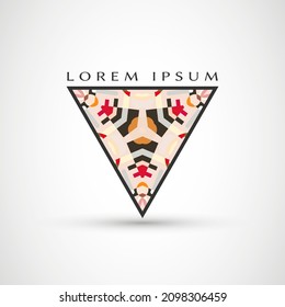 Abstract geometric company logo triangle, arrow icon. Business symbol emblem, label. Isolated triangle element. Vector ornament, simple pattern 