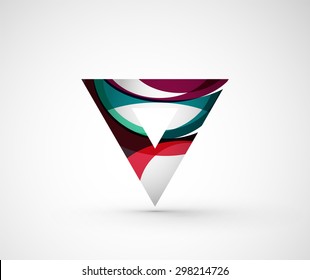 Resumen del triángulo del logotipo de la compañía geométrica, flecha. Ilustración vectorial del concepto de forma universal hecho de varios elementos superpuestos de ondas