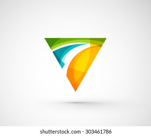 Resumen del triángulo del logotipo de la compañía geométrica, flecha. Ilustración vectorial del concepto de forma universal hecho de varios elementos superpuestos de ondas