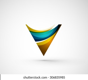 Resumen del triángulo del logotipo de la compañía geométrica, flecha. Ilustración vectorial del concepto de forma universal hecho de varios elementos superpuestos de ondas