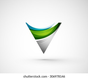 Resumen del triángulo del logotipo de la compañía geométrica, flecha. Ilustración vectorial del concepto de forma universal hecho de varios elementos superpuestos de ondas