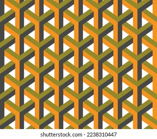 Abstract Geometric Complex Stripes Trident Polygon Perspective Seamless Vector Pattern Trendy Fashion Colors Background Perfect for Allover Print Olive Green Orange Tones