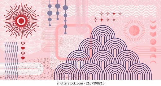 Abstract geometric composition background. Flat abstraction poster with mystery trendy style sun, geometry waves and textures. Swanky modern boho vector banner