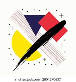 Abstract geometric composition in Bauhaus style with primary colors, red square, yellow semicircle, dark blue triangle, diagonal lines, and a bold black brush stroke on a white background.