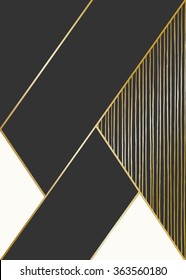 Abstract geometric composition in black, cream and golden. Hand drawn lines texture and geometric elements. Modern and stylish abstract design poster, cover, card design.