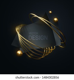 Abstract geometric composition and black curvy paper sheets  golden rings   spheres  Vector 3d illustration  Luxury banner template  Geometry objects  Fashion composition  Jewelry label design