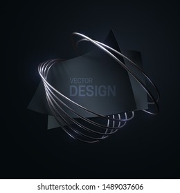 Abstract geometric composition with black curvy paper sheets, silver rings. Vector 3d illustration. Luxury banner template. Geometry objects. Fashion composition. Jewelry label design