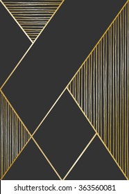 Abstract geometric composition in black and golden. Hand drawn lines texture and geometric elements. Modern and stylish abstract design poster, cover, card design.