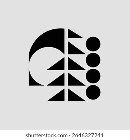 Abstract geometric composition of black shapes on a white transparent background