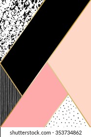 Abstract Geometric Composition In Black, White, Gold And Pastel Pink. Hand Drawn Vintage Texture, Lines, Dots Pattern And Geometric Elements. Modern Abstract Design Poster, Cover, Card Design.