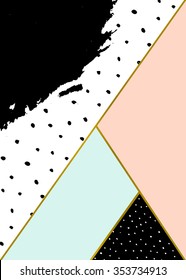 Abstract geometric composition in black, white, gold, pastel pink and blue. Hand drawn brush stroke, dots pattern and geometric elements. Modern and stylish abstract design poster, cover, card design.