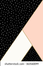 Abstract geometric composition in black, white, gold and pastel pink. Hand drawn dots pattern and geometric elements. Modern and stylish abstract design poster, cover, card design.