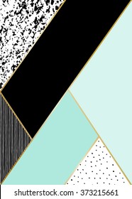 Abstract geometric composition in black, white, gold and mint. Hand drawn vintage texture, lines, dots pattern and geometric elements. Modern and stylish abstract design poster, cover, card design.