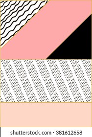 Abstract geometric composition in black, white, gold and pastel pink. Hand drawn vintage texture, lines, dots pattern and geometric elements. Modern abstract design poster, cover, card design.
