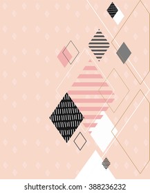 Abstract geometric composition in black, white, gold and pastel pink. Vector  Rhombus and Triangle Background . Modern abstract design poster, cover, card design.