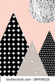 Abstract geometric composition in black, white, taupe and pastel pink. Hand drawn vintage texture, dots pattern and geometric elements. Modern and stylish abstract design poster, cover, card design.