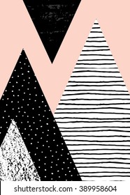 Abstract geometric composition in black, white and pastel pink. Hand drawn vintage texture, dots pattern and geometric elements. Modern and stylish abstract design poster, cover, card design.