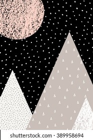 Abstract geometric composition in black, white, taupe and pastel pink. Hand drawn vintage texture, dots pattern and geometric elements. Modern and stylish abstract design poster, cover, card design.