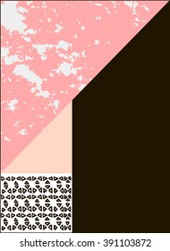 Abstract geometric composition in black, white, gold and pastel pink. Hand drawn vintage texture, lines, dots pattern and geometric elements. Modern abstract design poster, cover, card design.