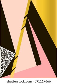 Abstract geometric composition in black, white, gold and pastel pink. Hand drawn vintage texture, lines, geometric elements. Modern abstract design poster, cover, card design.