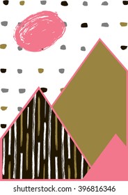 Abstract geometric composition in black, white, taupe and pastel pink.  Modern and stylish abstract design poster, cover, card design. Hand drawn vintage texture, dots pattern and geometric elements.