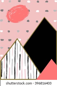 Abstract geometric composition in black, white, taupe and pastel pink.  Modern and stylish abstract design poster, cover, card design. Hand drawn vintage texture, dots pattern and geometric elements.