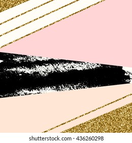 Abstract geometric composition in black, white, gold glitter and pastel pink. Modern and stylish abstract design poster, cover, card design.