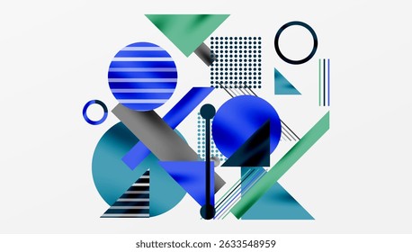 Abstract geometric composition. Blue, green shapes overlap, creating dynamic visual interest. Lines, circles, triangles present modern design.