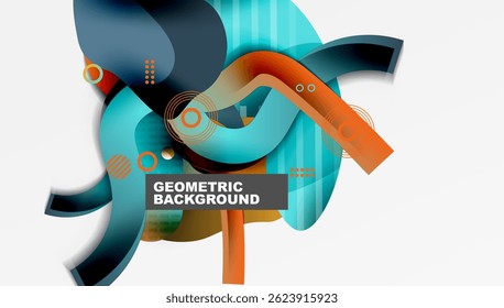 Abstract geometric composition. Blue, orange layers overlap, creating dynamic visual effect. Modern design elements present.