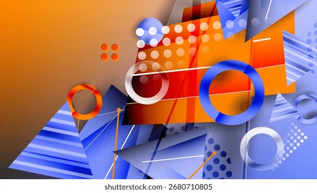 Abstrakte geometrische Zusammensetzung. Blaue, orangefarbene Farbtöne dominieren. Formen überlappen sich, wodurch ein dynamischer visueller Effekt entsteht. Moderne Gestaltungselemente sind vorhanden.