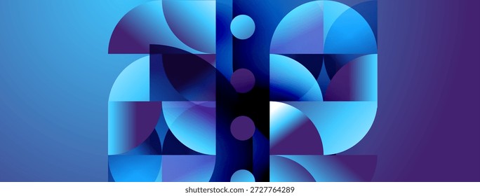 Abstract geometric composition. Blue purple gradients create dynamic shapes, suggesting depth, movement, modern design.