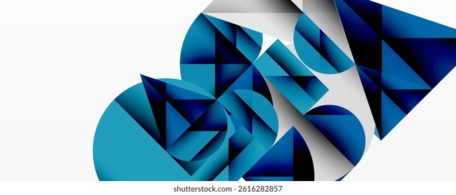 Abstract geometric composition. Blue shades dominate, forming sharp triangles, curves, layers. Minimalist design, modern aesthetic.