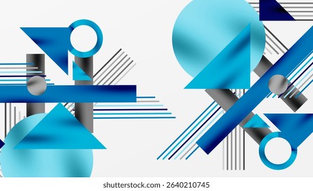 Abstract geometric composition. Blue shapes overlap, creating dynamic visual effect. Lines, circles, triangles dominate design. Minimalist aesthetic.