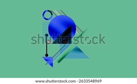Abstract geometric composition. Blue shapes contrast against teal background. Lines, circles, triangles create modern design.