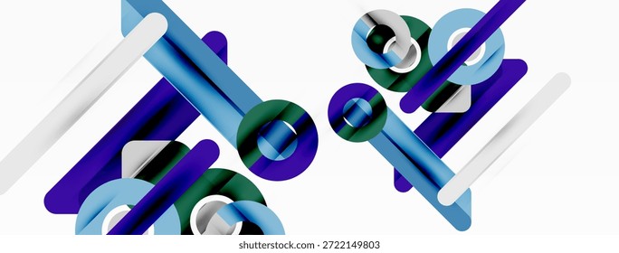 Composição geométrica abstrata. Formas azuis, negras e brancas se cruzam. Design minimalista, linhas limpas, estética moderna.