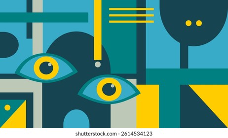 Abstract Geometric Composition in Blue and Yellow with Eyes. Minimalist modern mosaic contemporary style for banner, poster, wallpaper.
