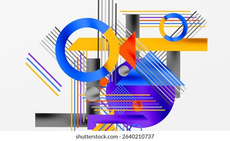 Abstract geometric composition. Bold colors, lines, circles create dynamic visual impact. Modern design, clean aesthetic.