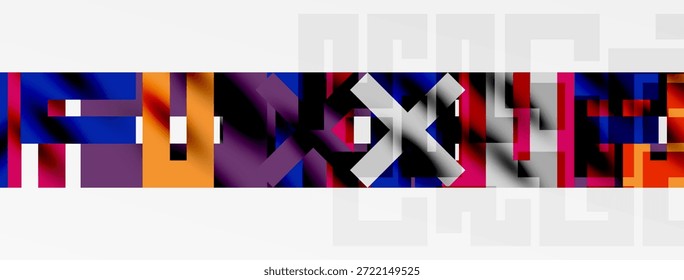 Composição geométrica abstrata. As cores negrito se misturam, criando uma textura visual dinâmica. As formas se cruzam, formando padrões complexos. Design minimalista.
