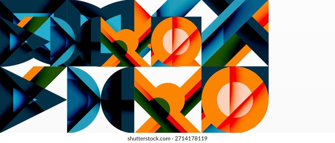 Composição geométrica abstrata. Formas negras se cruzam, criando ritmo visual dinâmico. Laranja, azul-petróleo, preto dominar paleta. Design moderno.