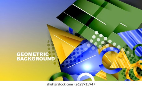 Composição geométrica abstrata. Mistura de cores brilhantes, criando efeito visual dinâmico. Formas se sobrepõem, formando um plano de fundo moderno.