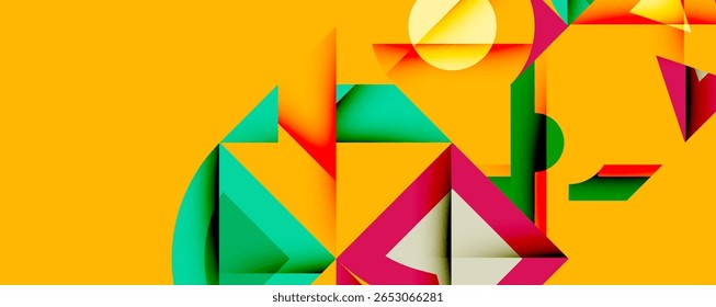 Composição geométrica abstrata. Cores brilhantes, formas sobrepostas criam uma experiência visual dinâmica. Design moderno, contrastes ousados presentes.