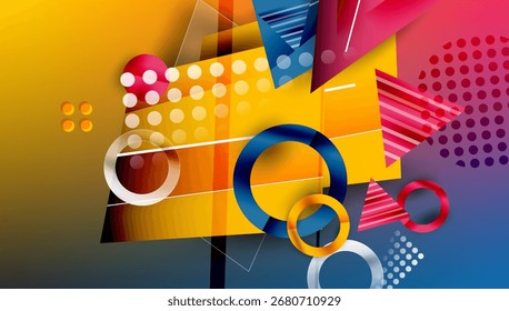Composição geométrica abstrata. As cores brilhantes se sobrepõem, criando uma experiência visual dinâmica. As formas incluem círculos, quadrados, triângulos, linhas.