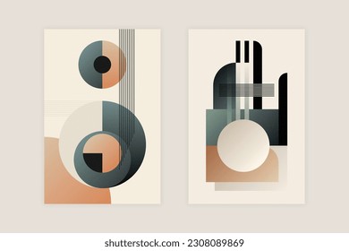 Abstract geometric composition with circles, lines, and squares on beige background for poster template.