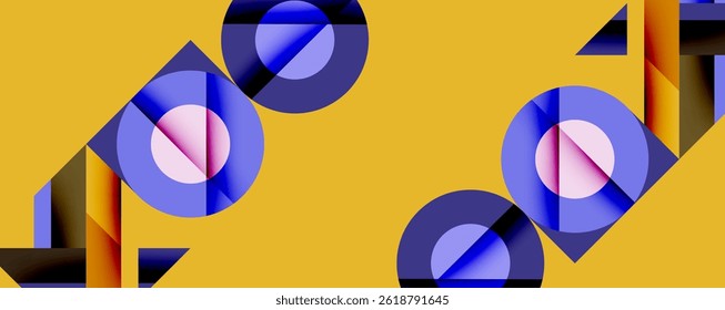 Composição geométrica abstrata. Círculos e retângulos se sobrepõem criando um efeito visual dinâmico. Fundo amarelo quente contrasta azuis frios, rosas.