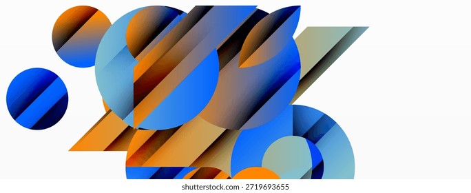 Composición geométrica Abstractas. Círculos, rectángulos se superponen creando un efecto visual dinámico. Los tonos azules y naranjas dominan el diseño. Estética moderna.