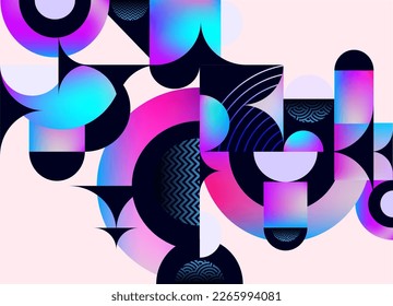 Abstract geometric composition of circles, squares, sector and colorful elements. Bright vector multicolored poster.