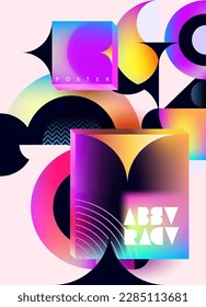 Abstract geometric composition of circles, squares, sector and colorful elements. Bright vector multicolored poster. 