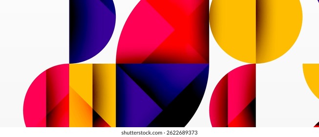 Abstract geometric composition. Circles, squares overlap creating vibrant color patterns. Modern design, bold shapes, clean aesthetic.