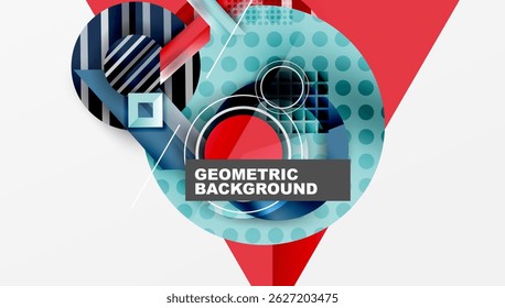 Abstract geometric composition. Circles, squares, lines create dynamic visual effect. Red, blue, teal dominate design. Modern aesthetic.